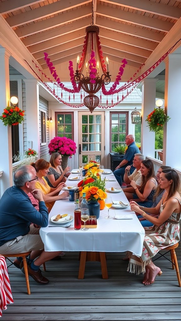 A lively dinner gathering on a beautifully decorated porch with flowers and a chandelier