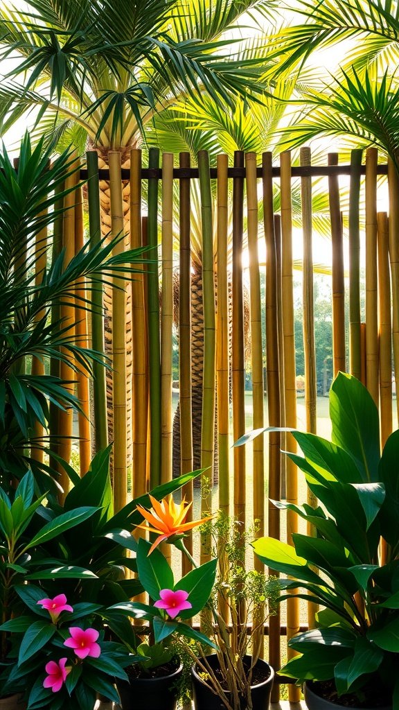 Bamboo fencing with lush green plants and flowers.