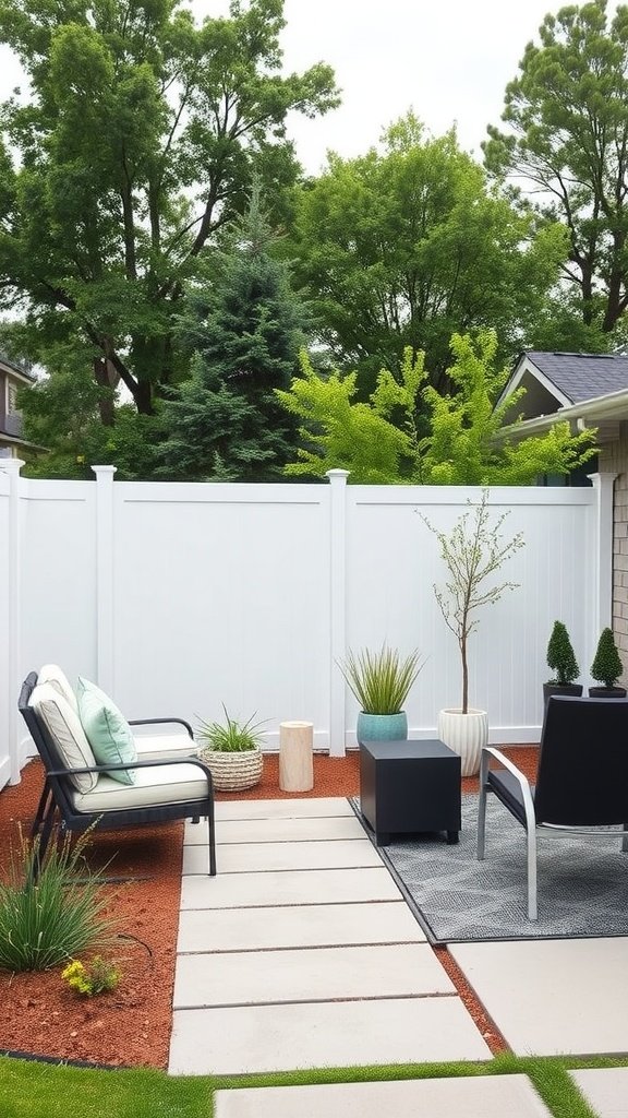 A minimalist white vinyl fence surrounding a cozy outdoor seating area with greenery.