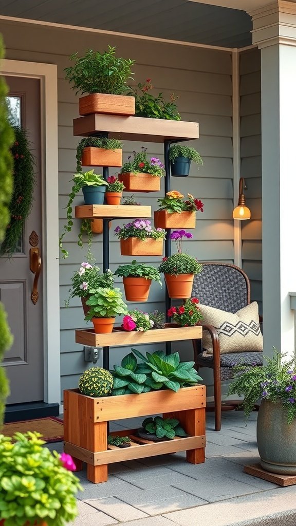 Wooden vertical planter with various flowers and plants on a porch