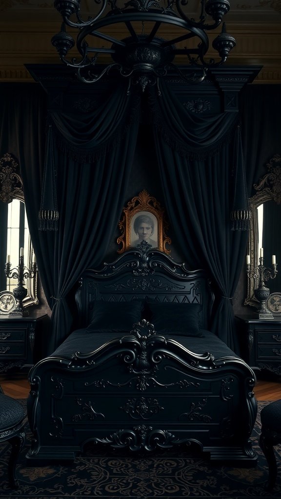 A dramatic gothic bedroom with a dark aesthetic featuring a black ornate bed, heavy drapes, and a chandelier.