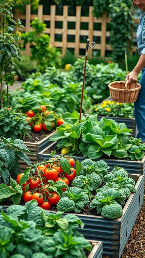A colorful vegetable garden with tomatoes and leafy greens, and a person holding a basket.