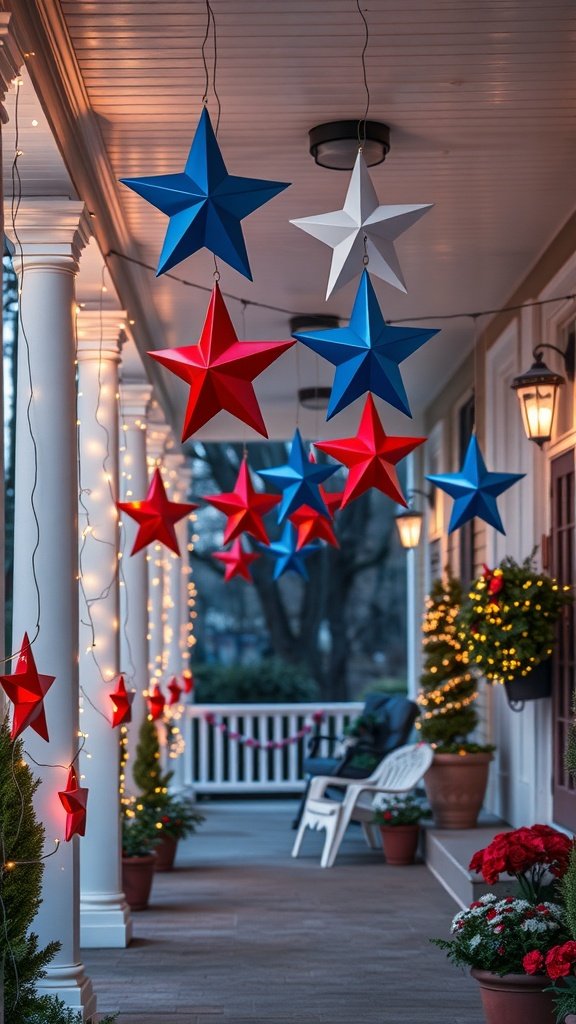 Hanging red, white, and blue decorative stars with string lights on a porch