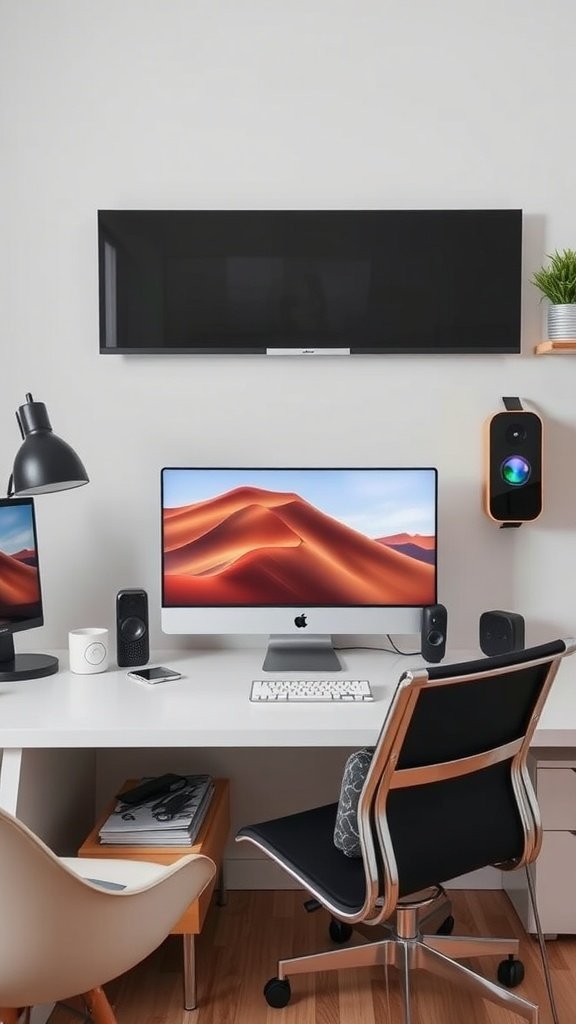 Modern home office setup with computer, speakers, and stylish desk