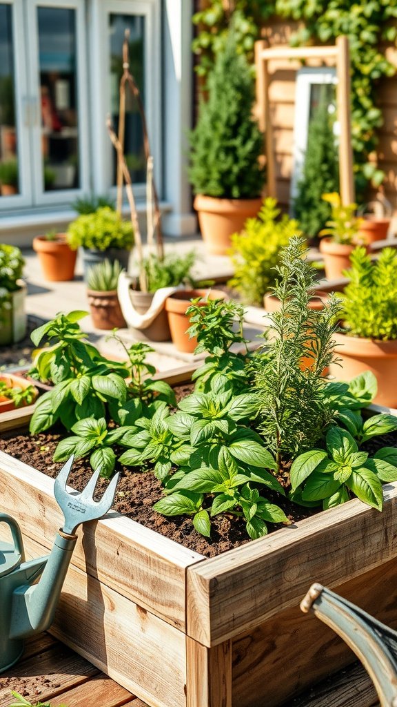Raised garden bed filled with various herbs like basil and rosemary, surrounded by potted plants.