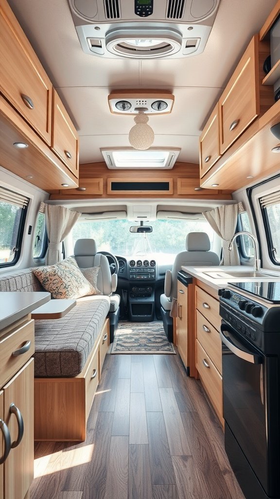 Interior view of a camper showcasing efficient storage solutions with cabinets, drawers, and multifunctional seating.