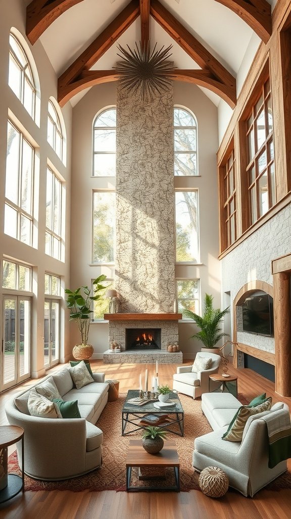 A large living room with high ceilings, large windows, and a stone fireplace, showcasing architectural features.