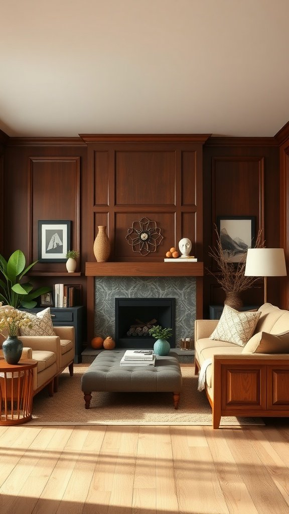 Cozy living room featuring rich brown tones and warm decor.