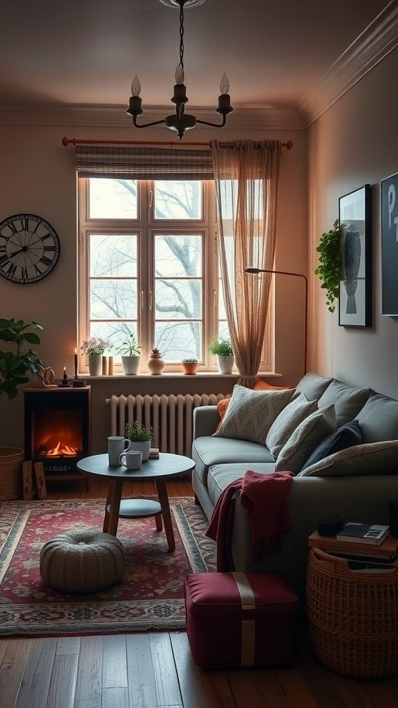 Cozy hygge living room with soft lighting, comfortable couch, decorative elements, and plants.