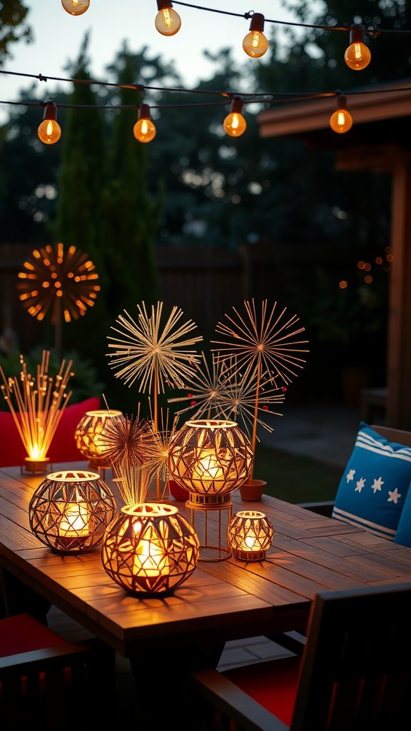 A beautifully decorated outdoor table featuring festive firework lanterns glowing warmly under string lights
