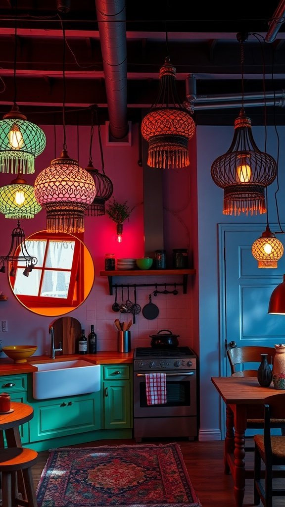 A Boho Kitchen with colorful artistic lighting fixtures, showcasing a cozy and vibrant atmosphere.