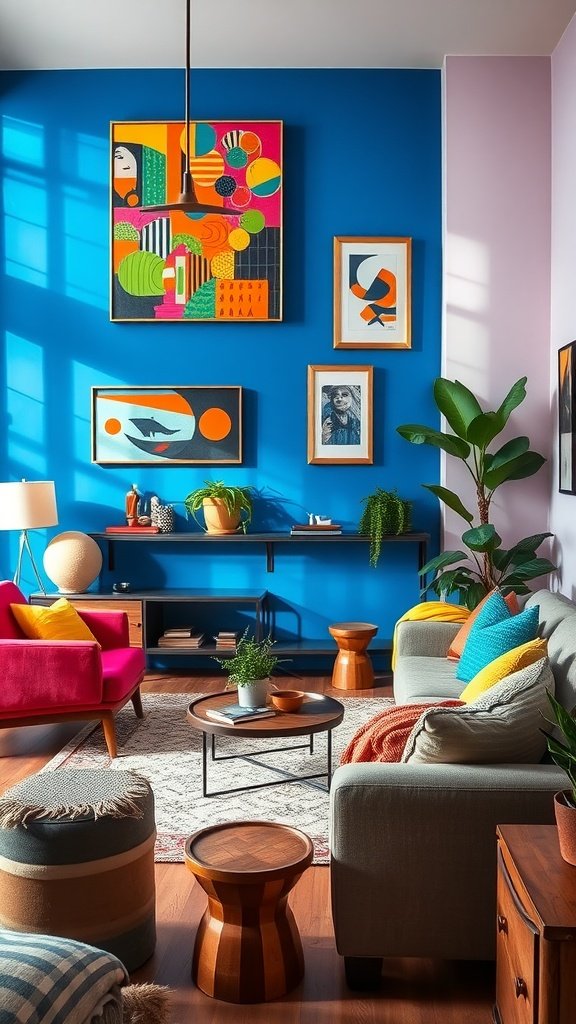 A large living room with a bright blue wall, colorful artwork, and vibrant furniture.