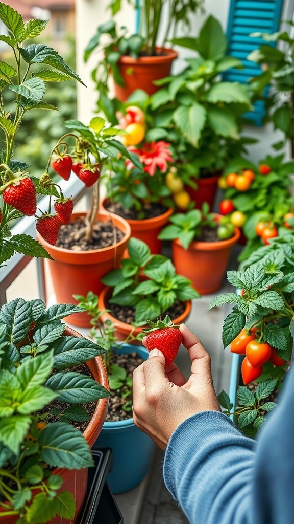 A hand holding a ripe strawberry in a vibrant balcony garden with various plants in pots.