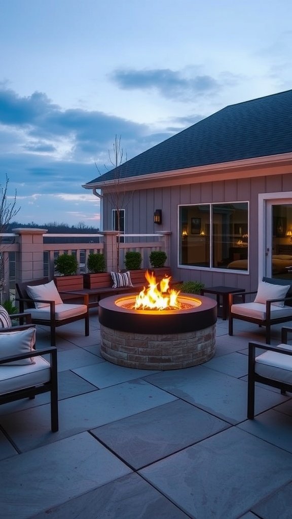 A cozy patio featuring a modern fire pit surrounded by comfortable seating, perfect for gatherings.