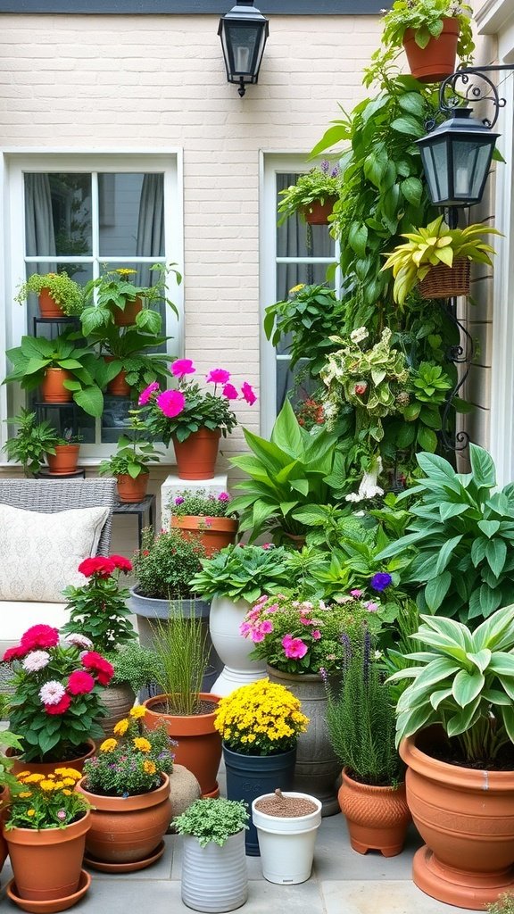 A beautiful patio decorated with various potted plants in bright colors, creating a lively and inviting space.