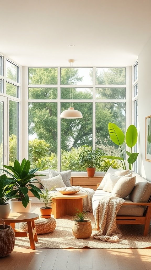 Bright and airy living room with large windows and indoor plants, showcasing natural elements.