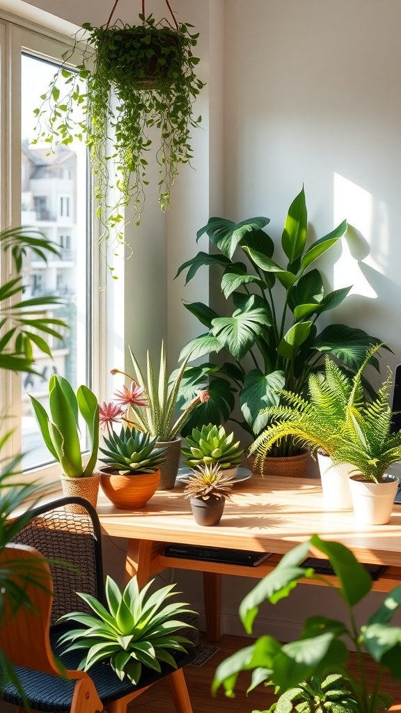 A bright home office filled with a variety of green plants, featuring a wooden desk and natural light.