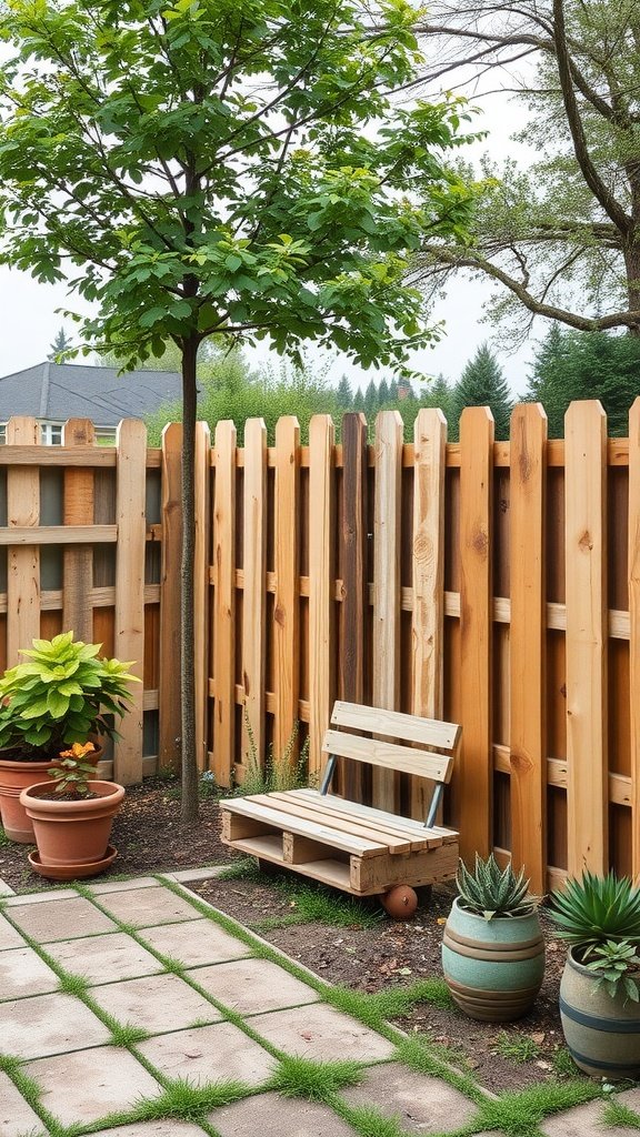 A backyard scene featuring a wooden pallet fence, plants, and a bench, creating a cozy outdoor space.