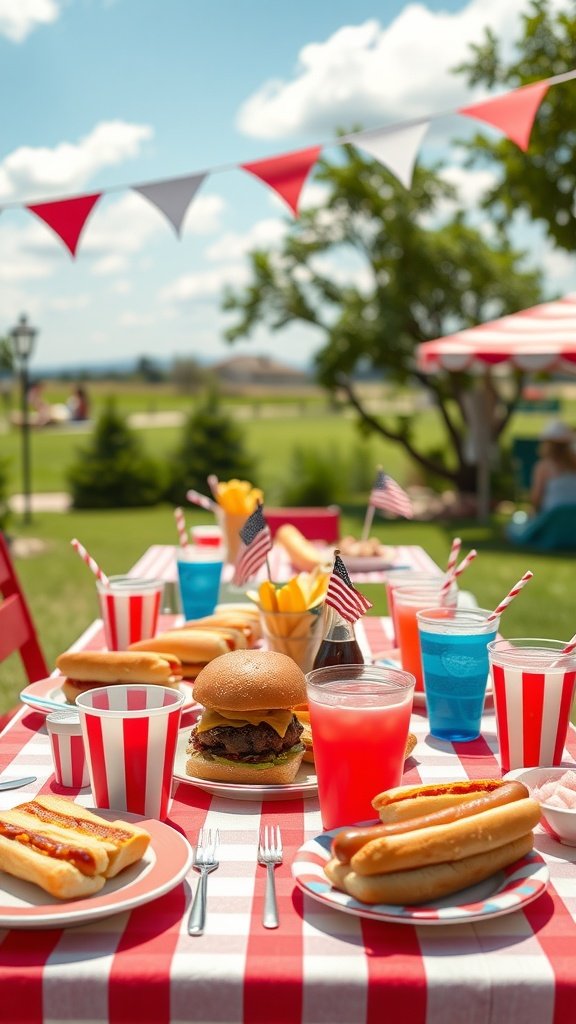 A festive outdoor dining setup with red and white striped tableware, burgers, hot dogs, and colorful drinks for the 4th of July celebration.