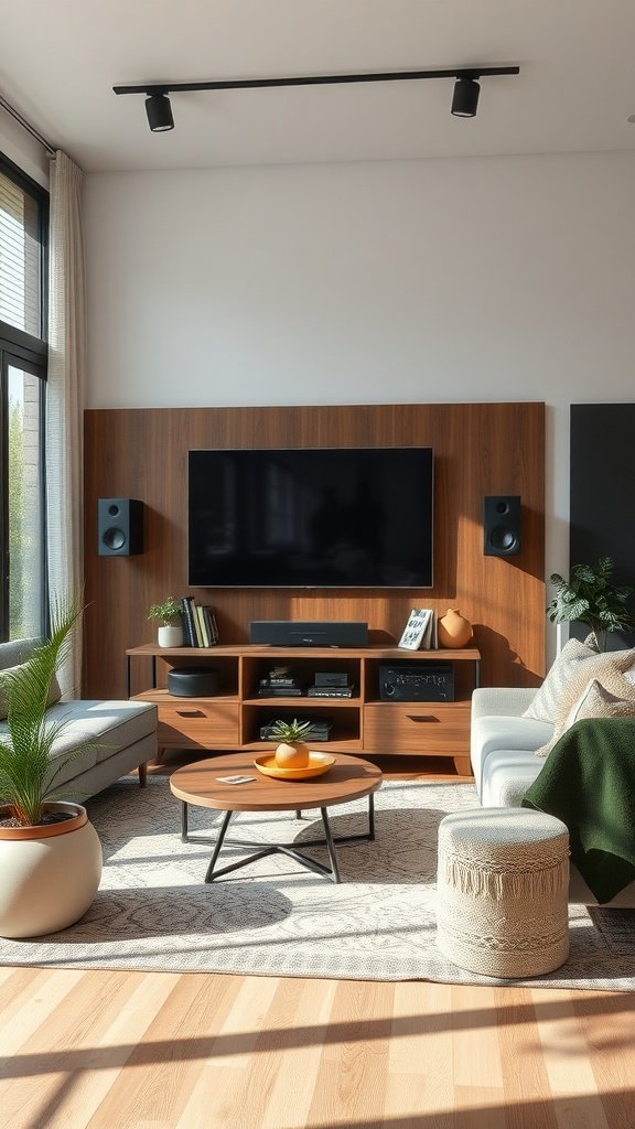 Modern living room with a wall-mounted TV, sound system, and stylish furniture