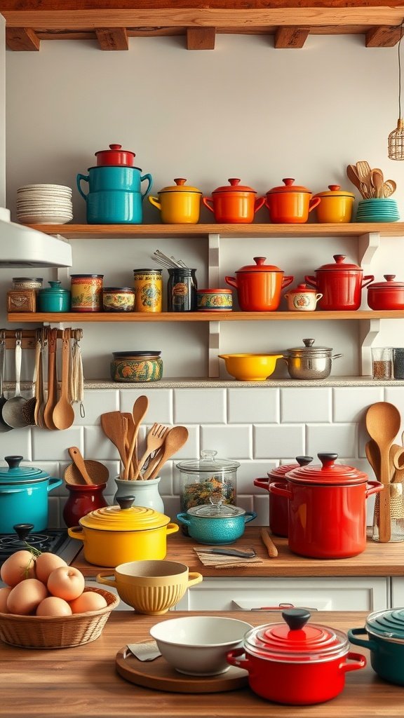 A vibrant Boho kitchen with colorful cookware and unique utensils on display.