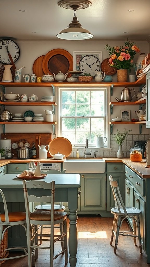 A cozy Boho kitchen featuring vintage dishware and wooden accents, with a window allowing natural light.