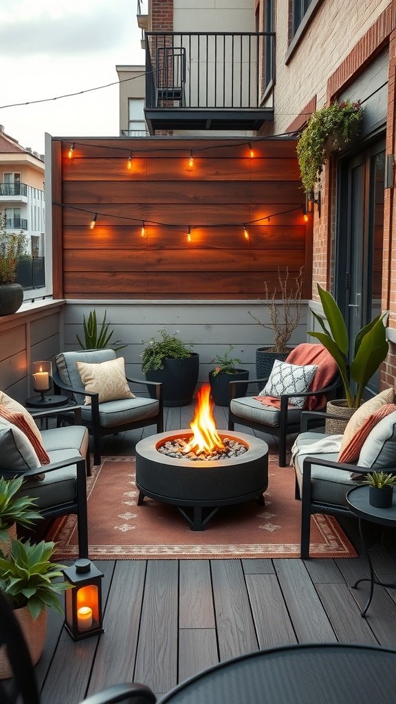 Cozy small balcony with a fire pit surrounded by chairs and string lights.