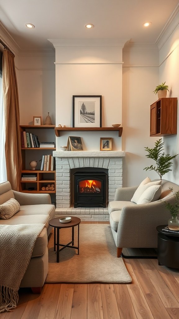 Cozy small living room with a fireplace, comfortable seating, and warm lighting.