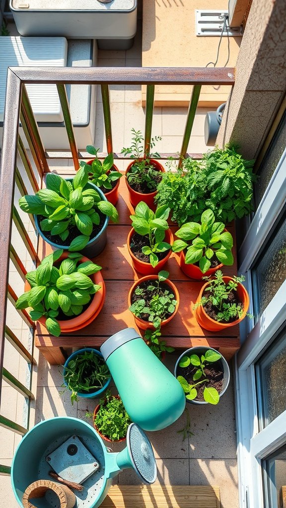 A small balcony with various potted herbs, including basil and mint, arranged neatly on a wooden shelf