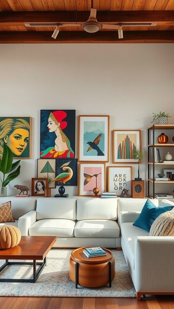 A cozy living room with a white sofa, wooden coffee table, and a wall filled with colorful art pieces.