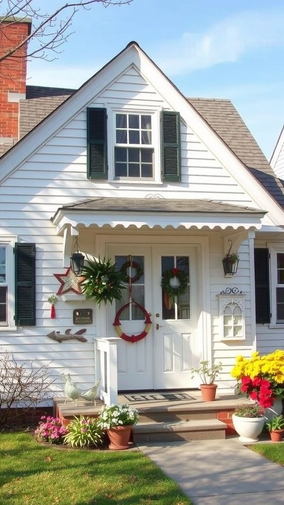 A charming Cape Cod house exterior with white siding, green shutters, and colorful flower pots.