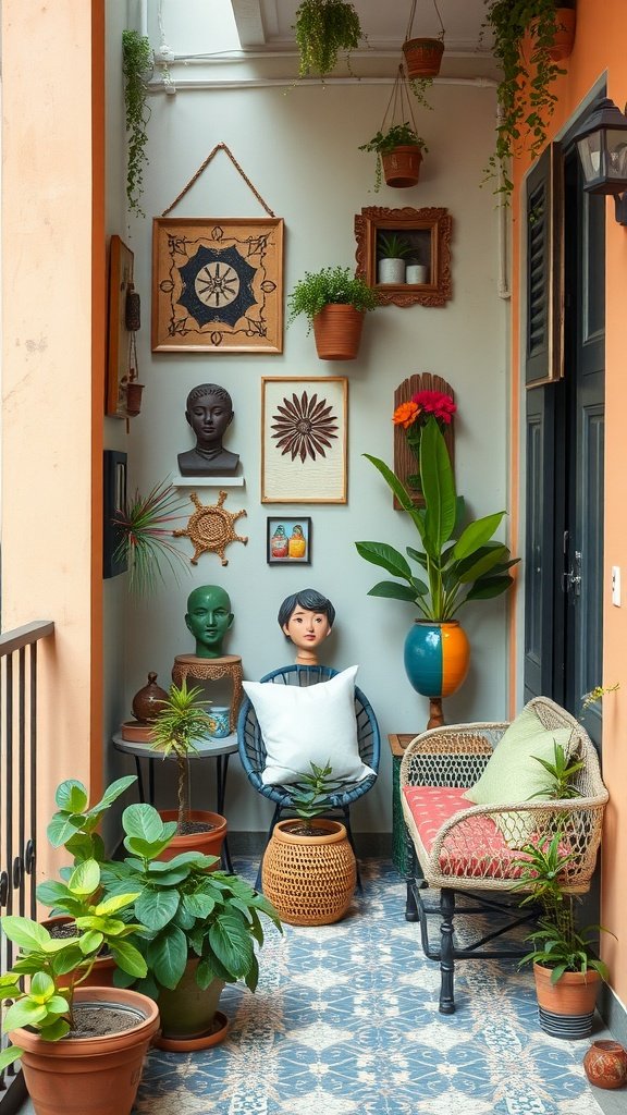 A small balcony decorated with plants, art pieces, and comfortable seating.