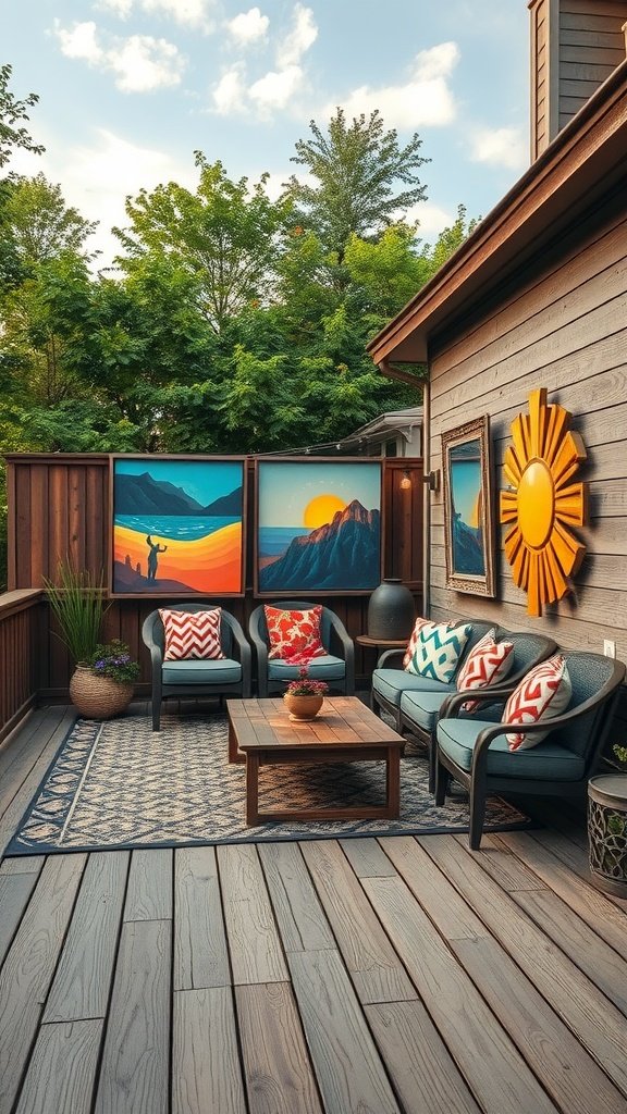 A cozy deck featuring colorful artworks that enhance visual privacy