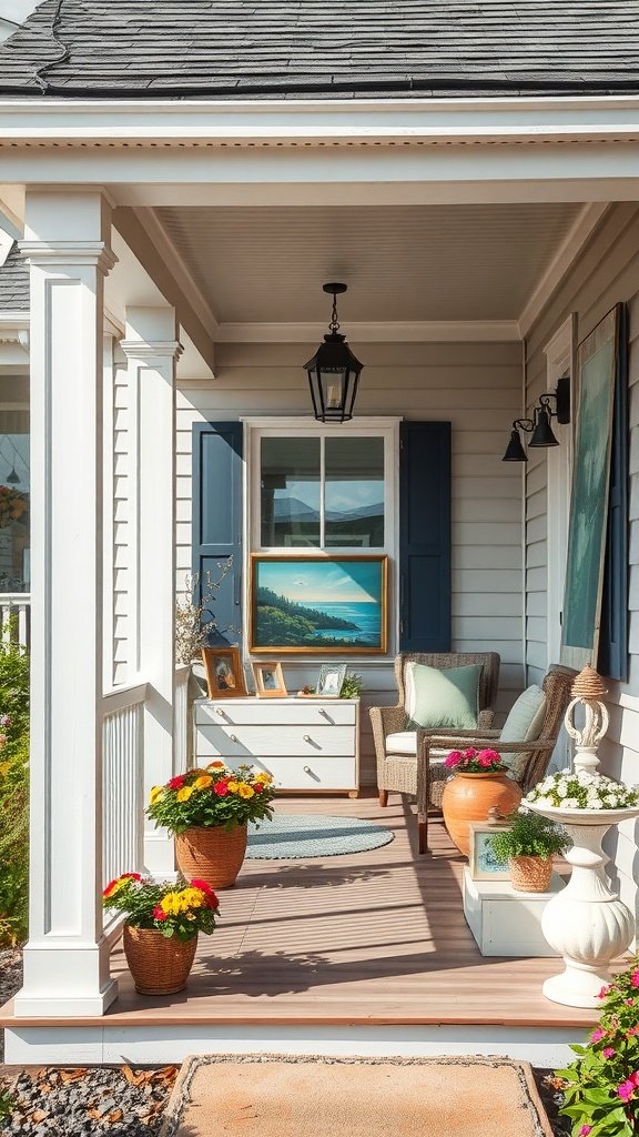 A cozy porch with a beautiful painting, floral arrangements, and comfortable seating.