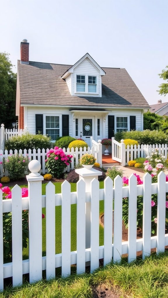 Classic white picket fence surrounding a Cape Cod house with colorful flowers in the yard