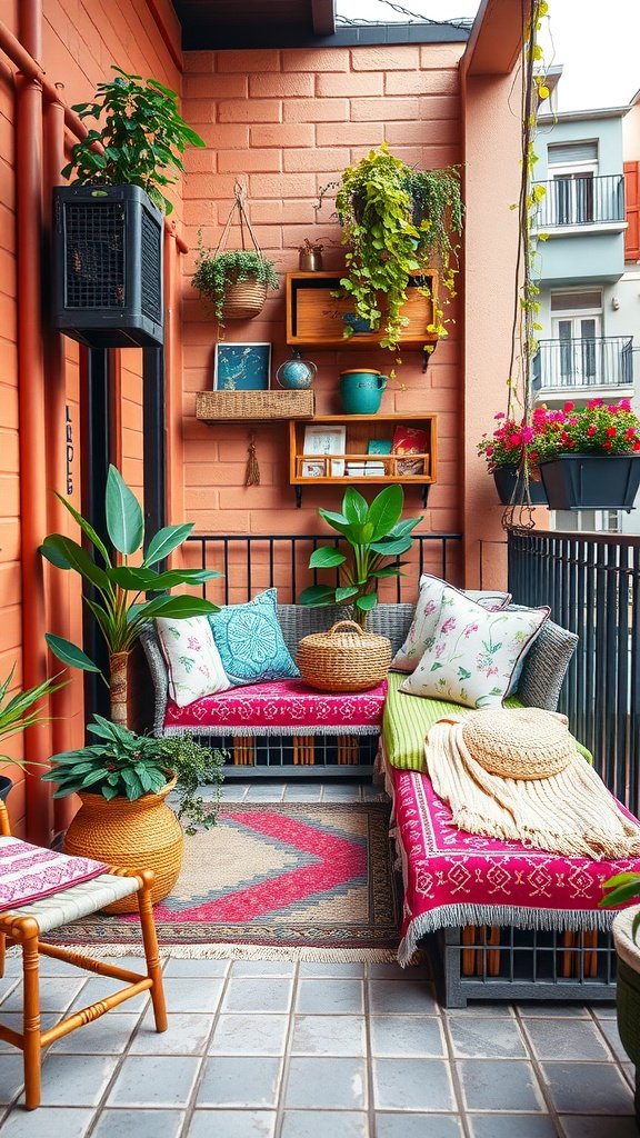 A cozy balcony featuring colorful cushions and plants, creating a warm and inviting atmosphere.