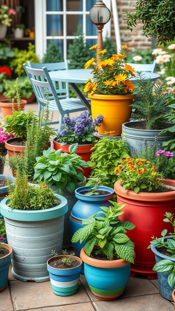 A collection of colorful potted plants in a small garden setting, featuring flowers and herbs, with a blue table and chairs in the background.