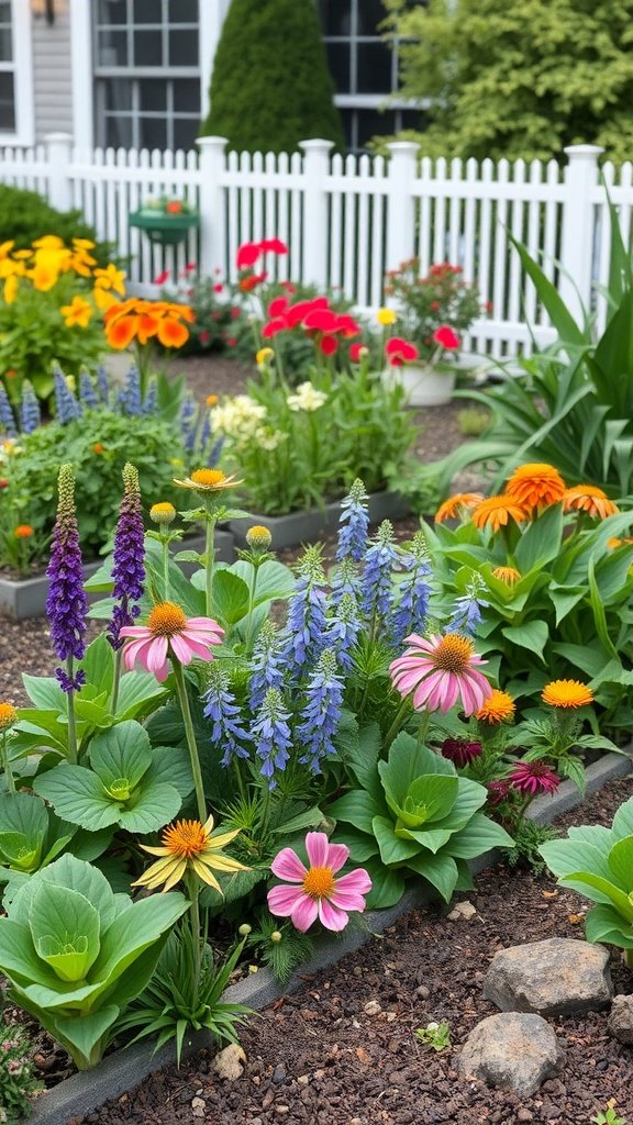 A vibrant garden featuring a mix of colorful flowers and lush greenery, showcasing edible landscaping elements.