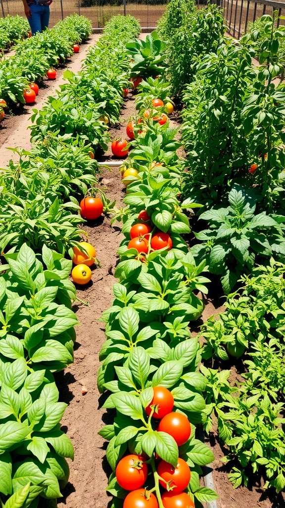 A vibrant garden with rows of tomato plants and herbs, showcasing a lush and productive growing environment.