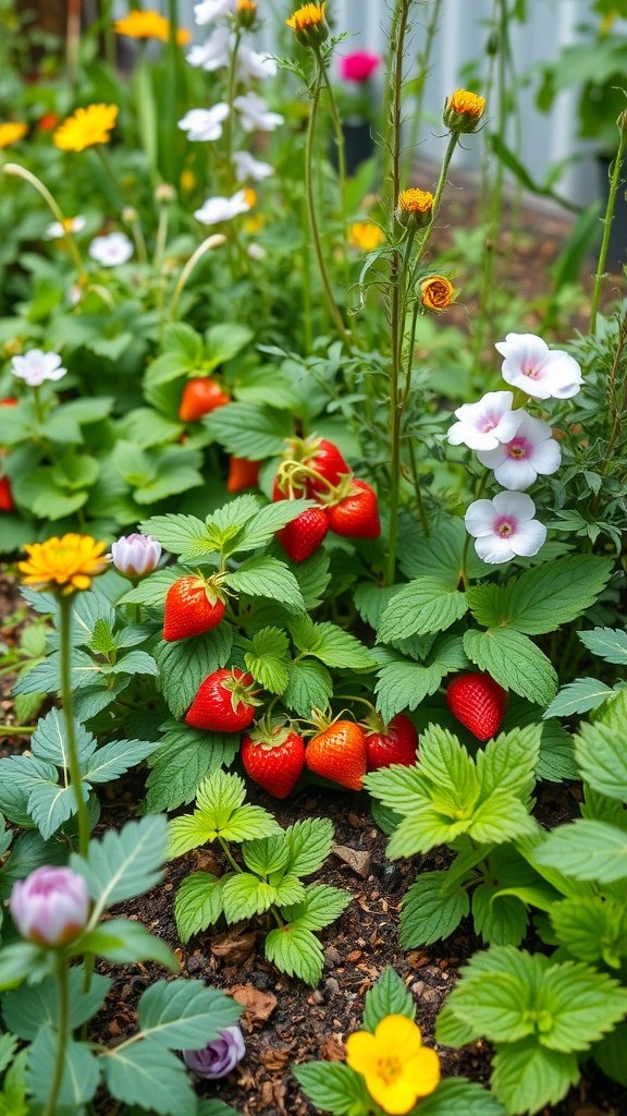 A vibrant small garden featuring ripe strawberries, colorful flowers, and lush green leaves.