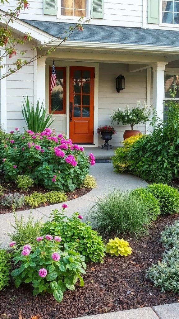 A stylish front yard with colorful flowers, greenery, and a welcoming entrance.