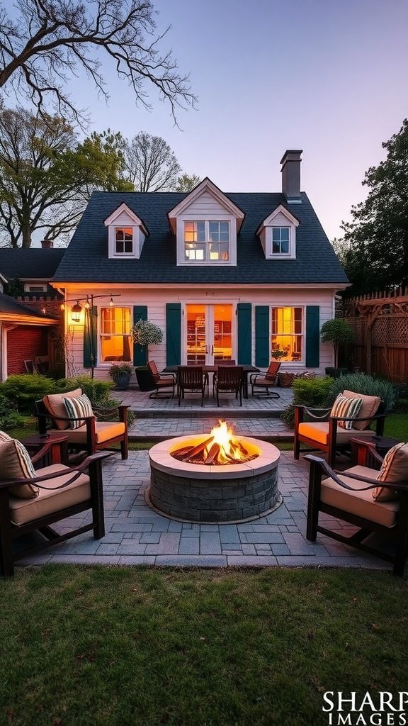 A beautiful outdoor space featuring a fire pit surrounded by comfortable seating at twilight.