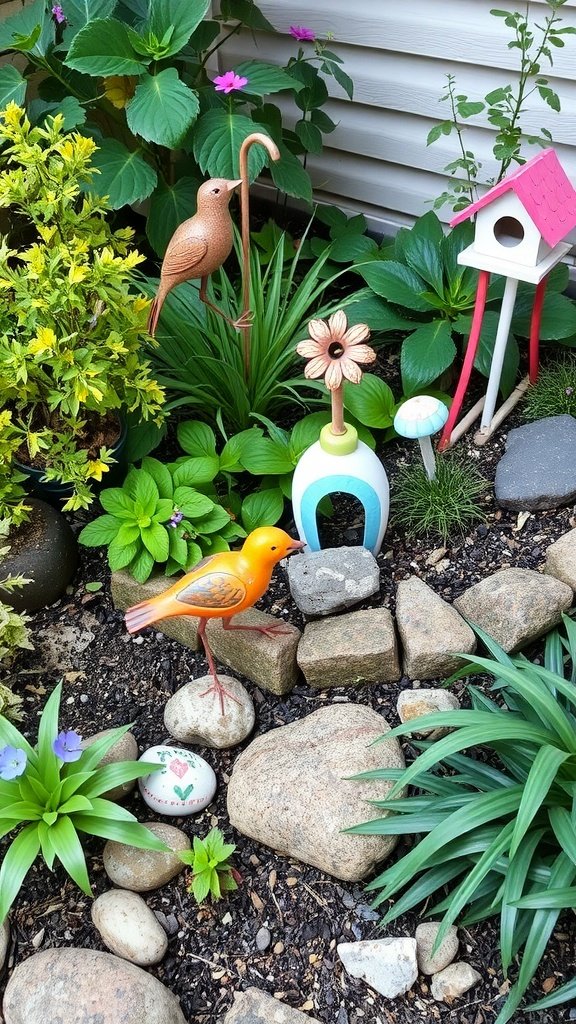 A small garden featuring colorful bird decorations, a flower sculpture, and a decorative birdhouse among lush green plants.