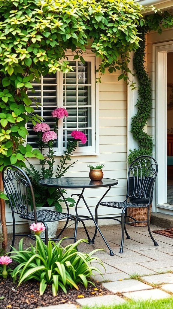 A cozy outdoor seating area with a table and chairs surrounded by plants.