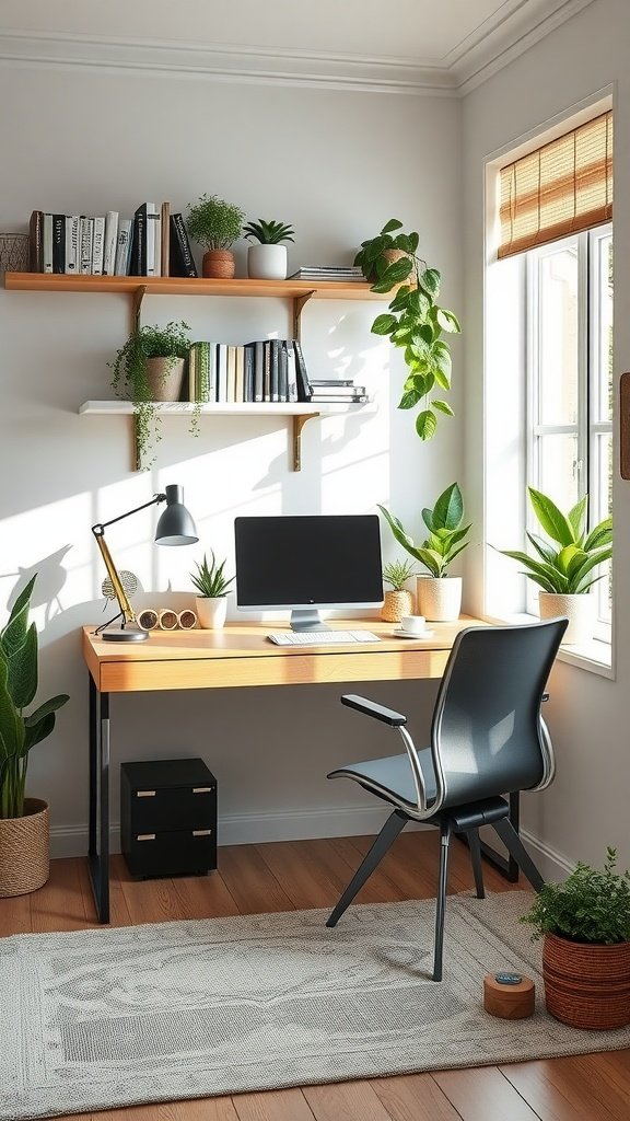 Home office space featuring a desk with a computer, plants, and natural light