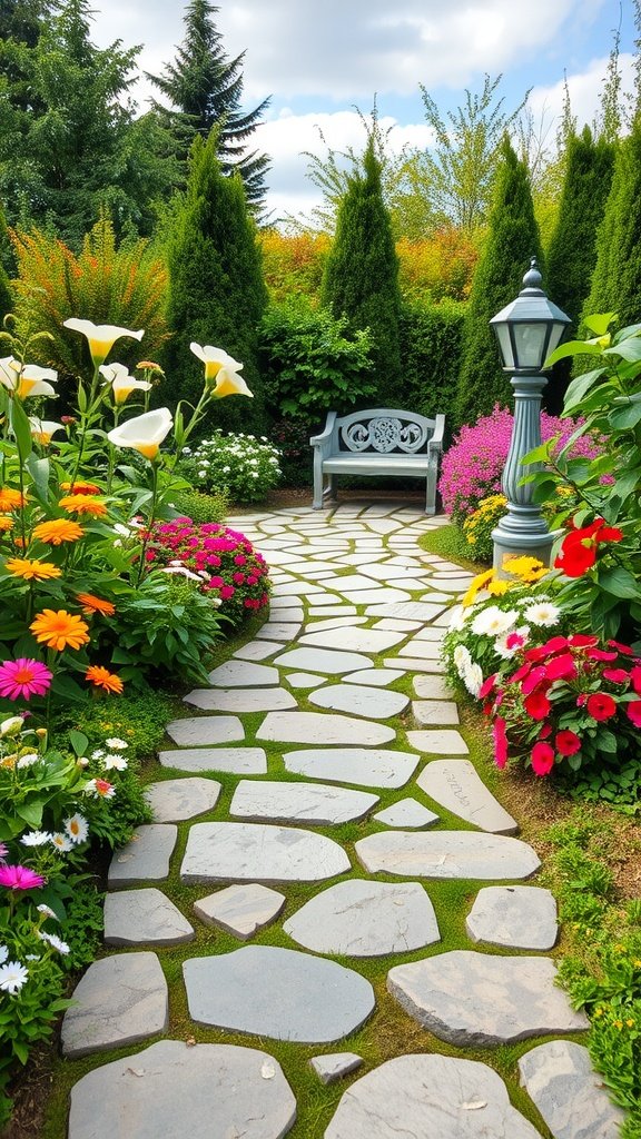 A stone pathway surrounded by colorful flowers and a bench in a peaceful garden.