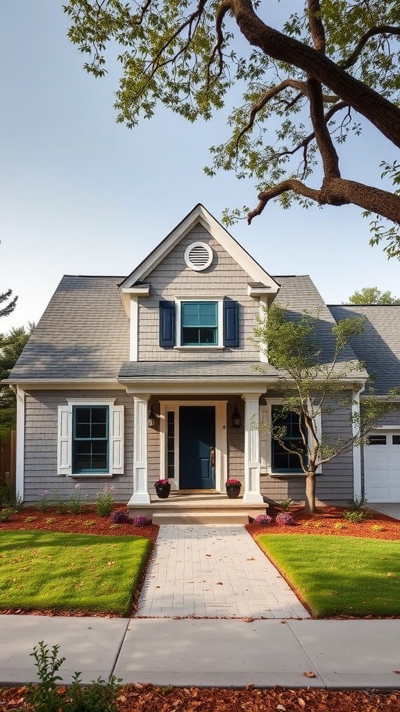 A modern Cape Cod house exterior with gray siding, a blue front door, and no dormers.