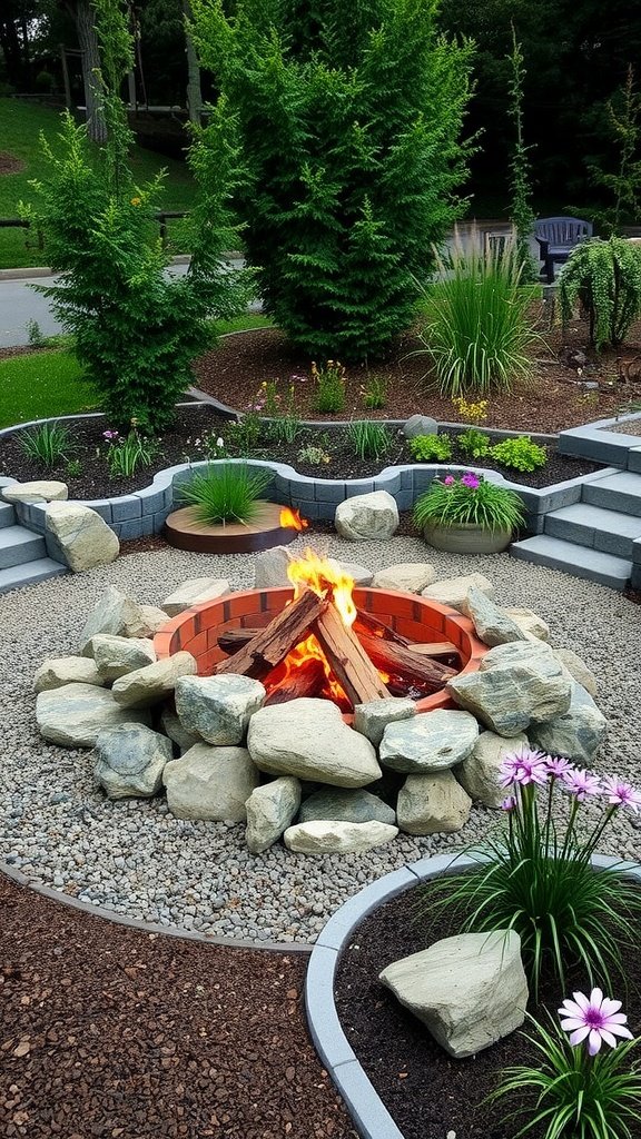 A beautifully landscaped fire pit area with stones, plants, and a warm fire.