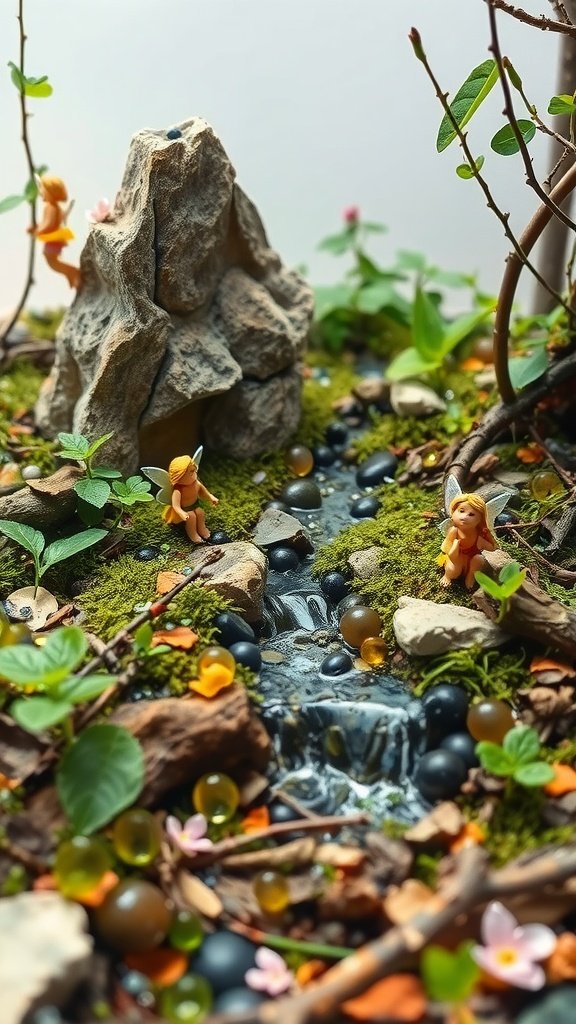 A fairy garden with a rock, stream, and small fairies surrounded by greenery.