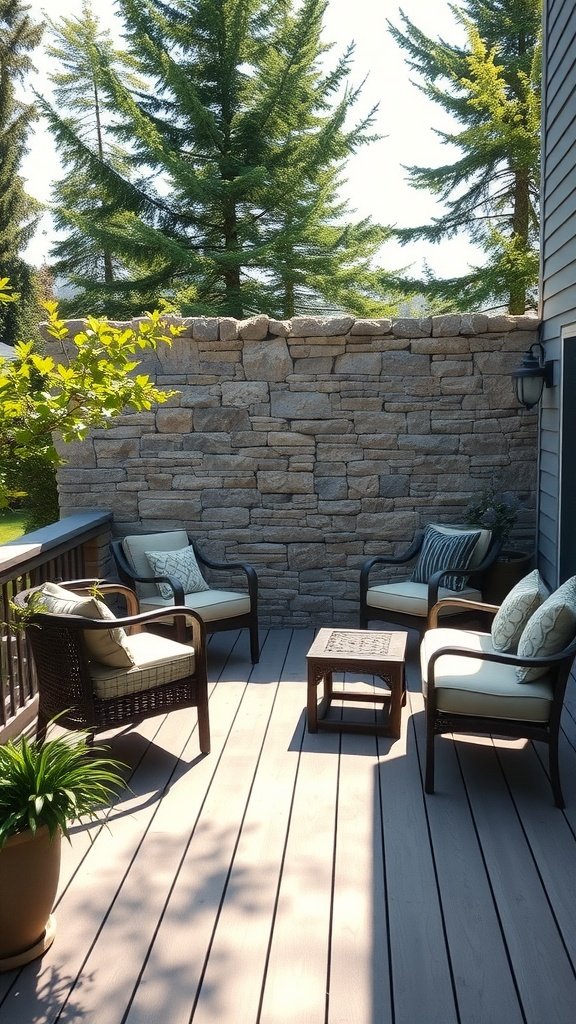 A cozy deck with a stone wall, surrounded by greenery, featuring comfortable seating.